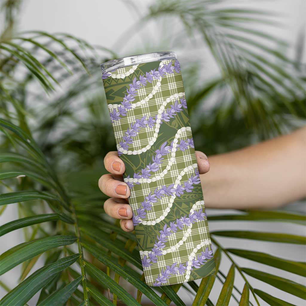 Green Hawaii Palaka Honohono Pikake Skinny Tumbler Hawaiian Orchid Lei Polynesian Pattern - Polynesian Pride