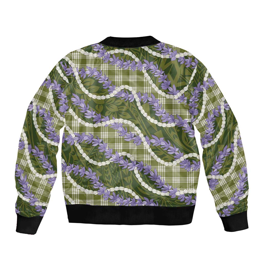 Green Hawaii Palaka Honohono Pikake Sleeve Zip Bomber Jacket Hawaiian Orchid Lei Polynesian Pattern - Polynesian Pride