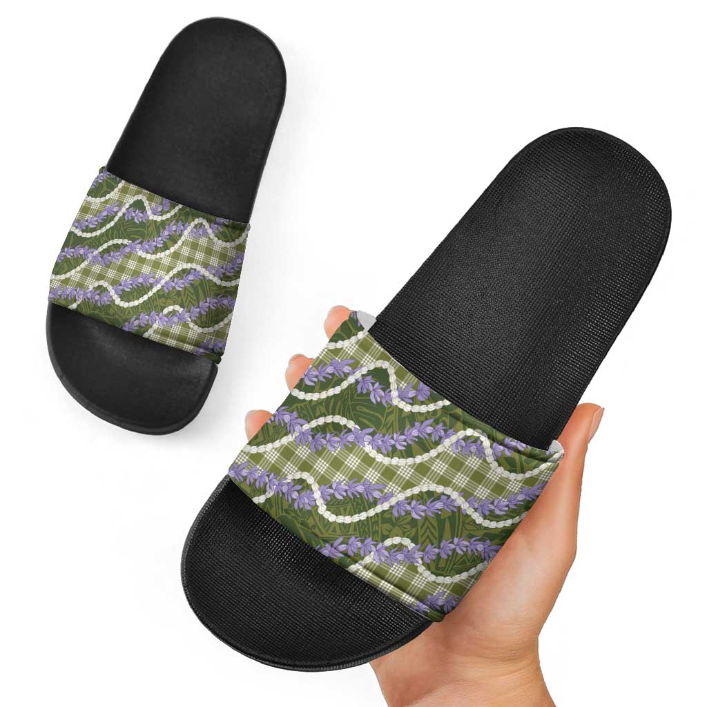Green Hawaii Palaka Honohono Pikake Slide Sandals Hawaiian Orchid Lei Polynesian Pattern - Polynesian Pride