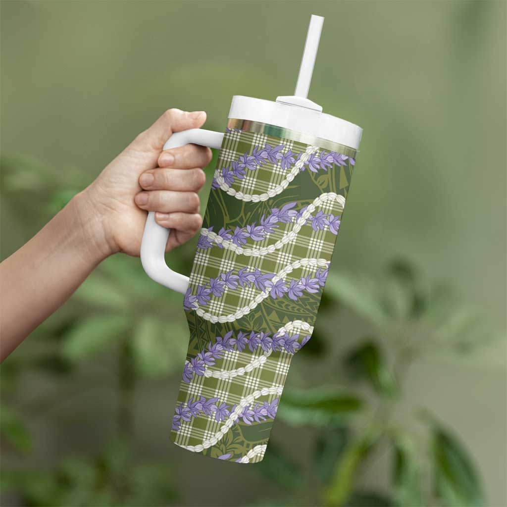 Green Hawaii Palaka Honohono Pikake Tumbler With Handle Hawaiian Orchid Lei Polynesian Pattern - Polynesian Pride
