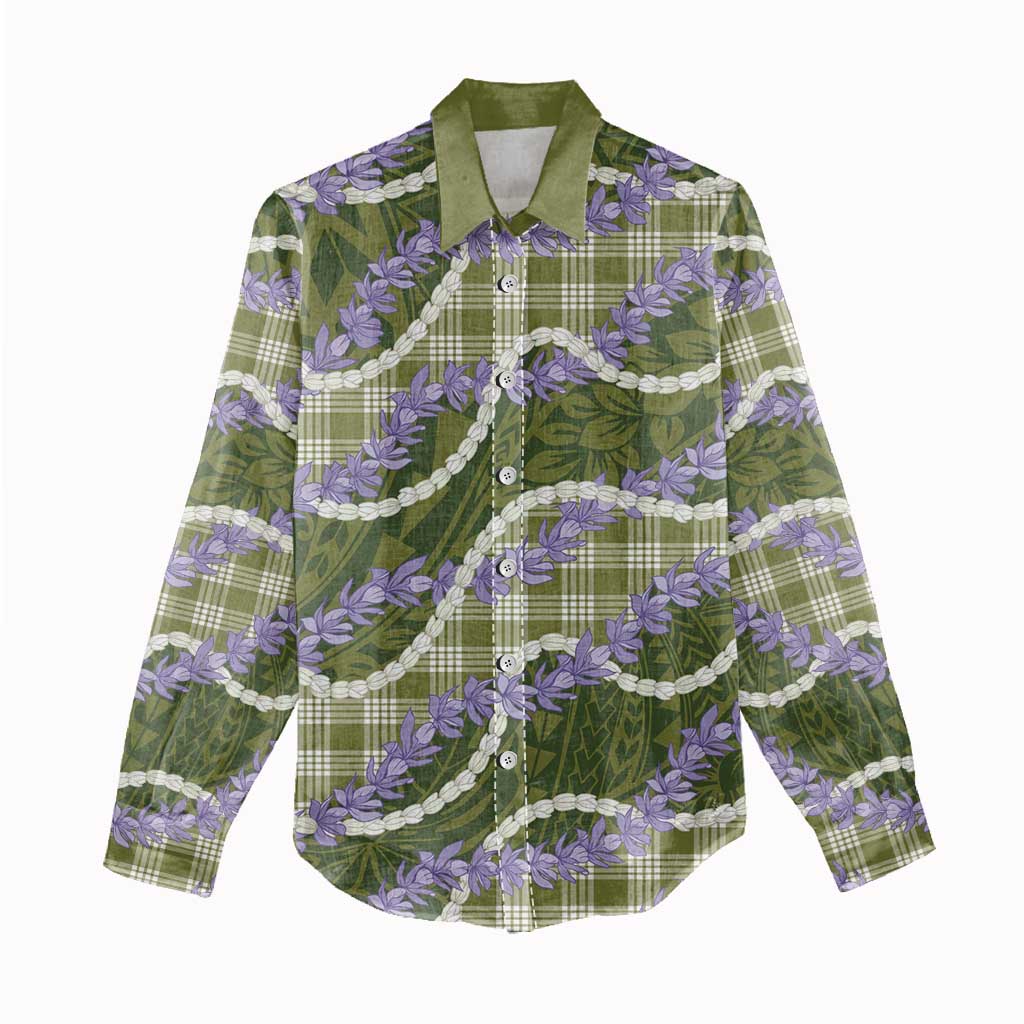 Green Hawaii Palaka Honohono Pikake Women Casual Shirt Hawaiian Orchid Lei Polynesian Pattern - Polynesian Pride