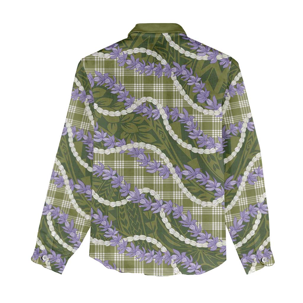 Green Hawaii Palaka Honohono Pikake Women Casual Shirt Hawaiian Orchid Lei Polynesian Pattern - Polynesian Pride