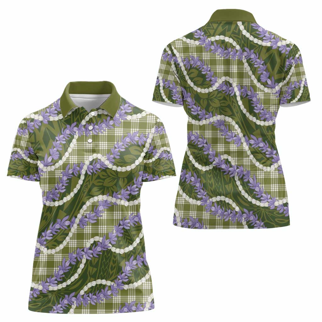 Green Hawaii Palaka Honohono Pikake Women Polo Shirt Hawaiian Orchid Lei Polynesian Pattern - Polynesian Pride