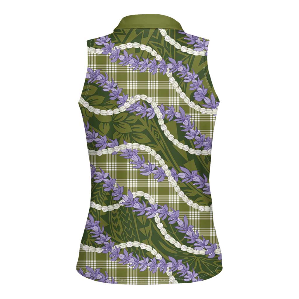 Green Hawaii Palaka Honohono Pikake Women Sleeveless Polo Shirt Hawaiian Orchid Lei Polynesian Pattern - Polynesian Pride