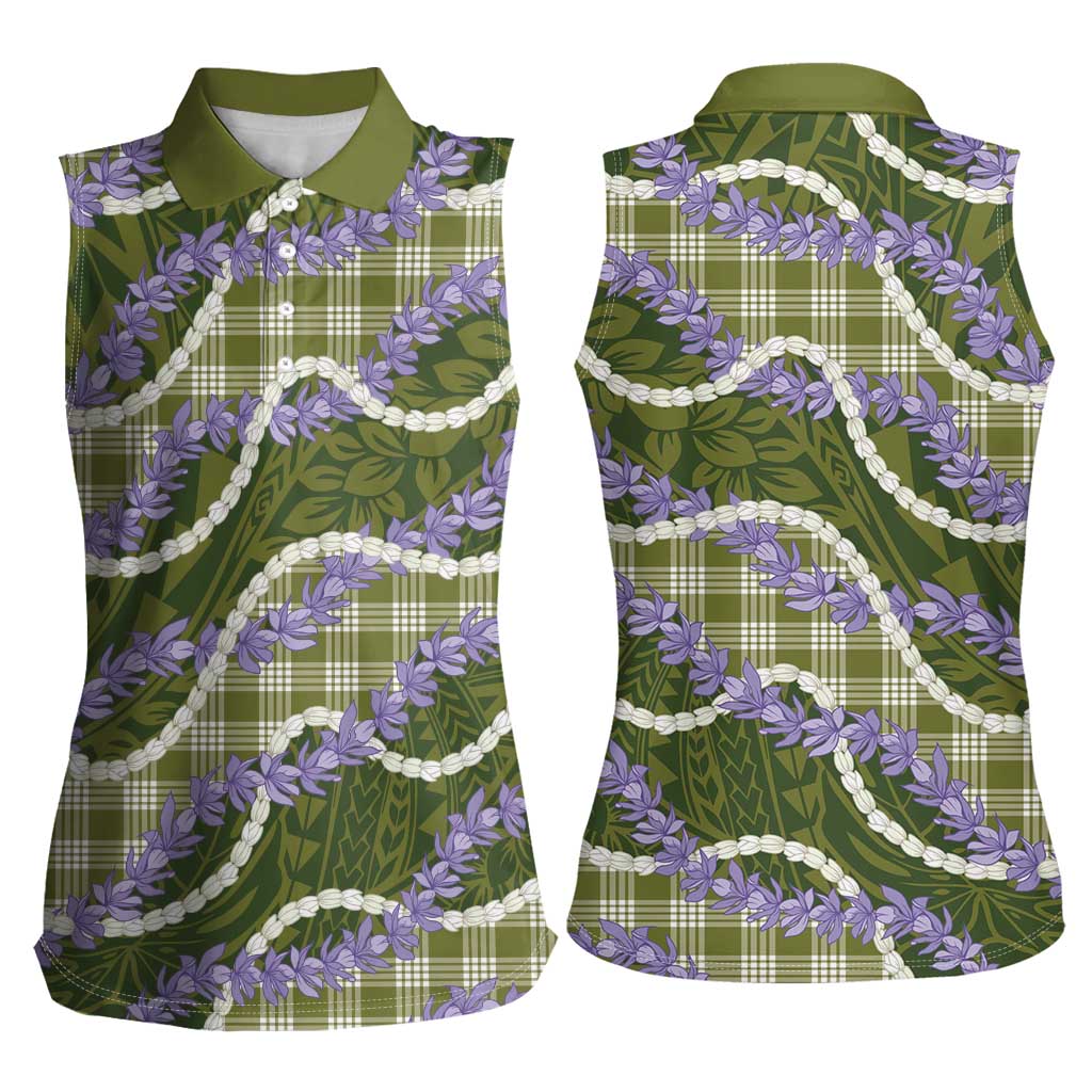Green Hawaii Palaka Honohono Pikake Women Sleeveless Polo Shirt Hawaiian Orchid Lei Polynesian Pattern - Polynesian Pride
