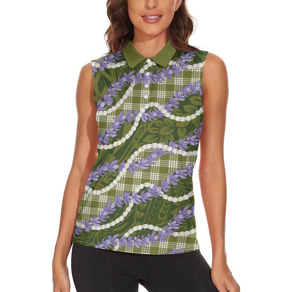 Green Hawaii Palaka Honohono Pikake Women Sleeveless Polo Shirt Hawaiian Orchid Lei Polynesian Pattern - Polynesian Pride