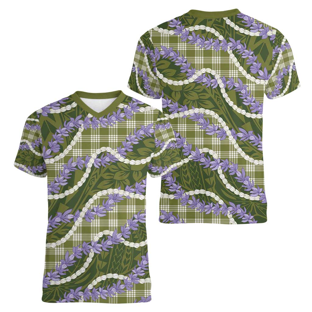 Green Hawaii Palaka Honohono Pikake Women V-Neck T-Shirt Hawaiian Orchid Lei Polynesian Pattern - Polynesian Pride