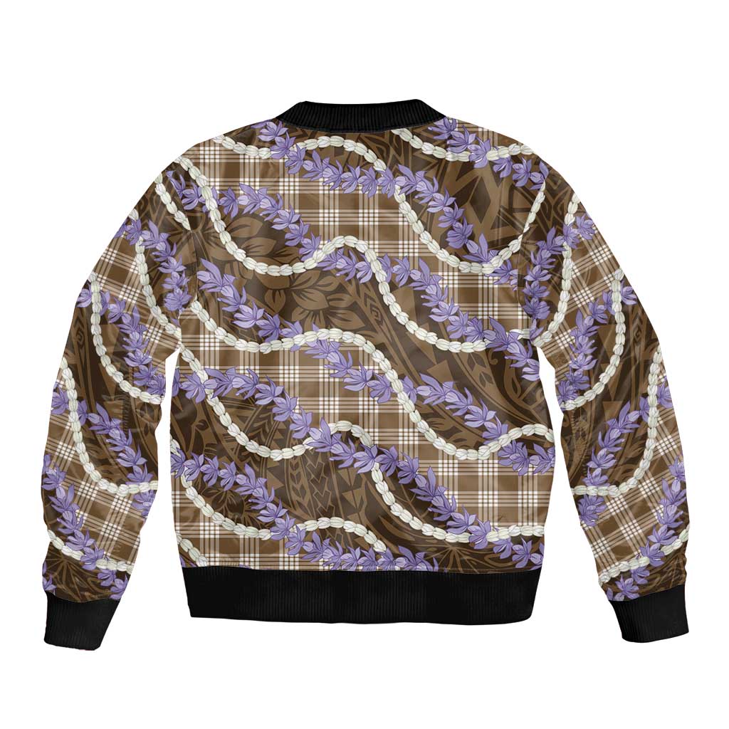 Brown Hawaii Palaka Honohono Pikake Bomber Jacket Hawaiian Orchid Lei Polynesian Pattern - Polynesian Pride