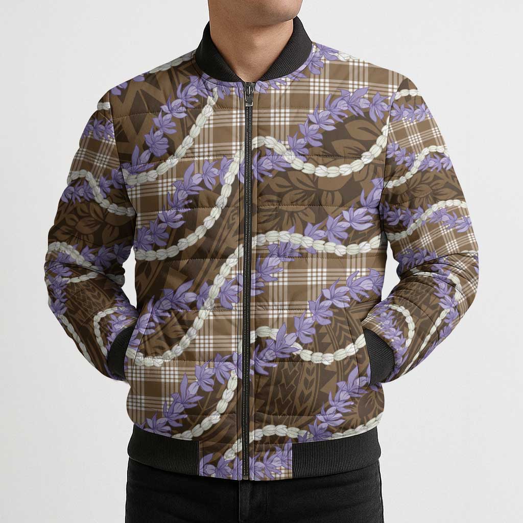 Brown Hawaii Palaka Honohono Pikake Bomber Puffer Jacket Hawaiian Orchid Lei Polynesian Pattern - Polynesian Pride