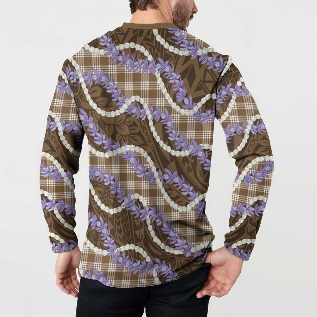 Brown Hawaii Palaka Honohono Pikake Button Sweatshirt Hawaiian Orchid Lei Polynesian Pattern - Polynesian Pride