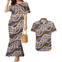 Brown Hawaii Palaka Honohono Pikake Couples Matching Mermaid Dress and Hawaiian Shirt Hawaiian Orchid Lei Polynesian Pattern - Polynesian Pride
