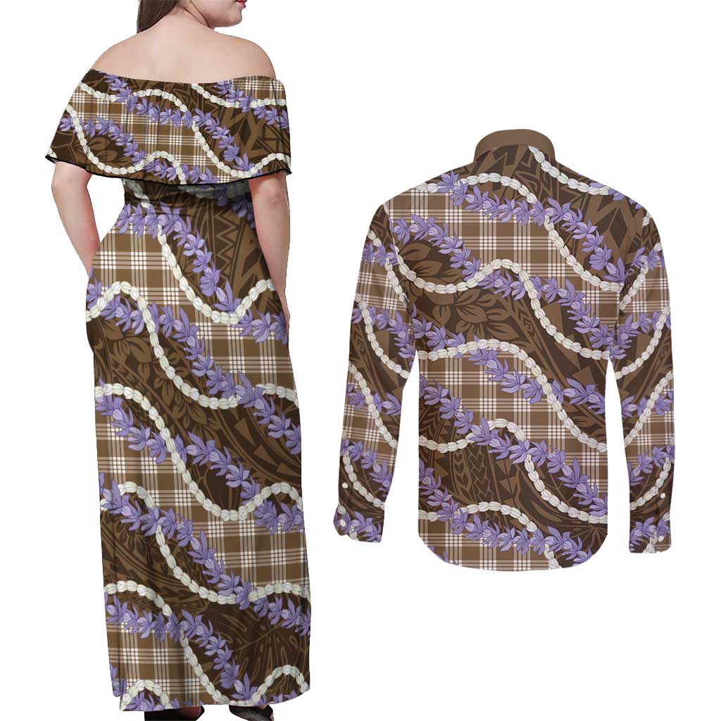 Brown Hawaii Palaka Honohono Pikake Couples Matching Off Shoulder Maxi Dress and Long Sleeve Button Shirt Hawaiian Orchid Lei Polynesian Pattern - Polynesian Pride