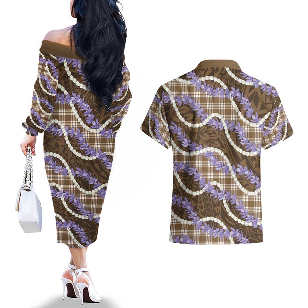 Brown Hawaii Palaka Honohono Pikake Couples Matching Off The Shoulder Long Sleeve Dress and Hawaiian Shirt Hawaiian Orchid Lei Polynesian Pattern - Polynesian Pride