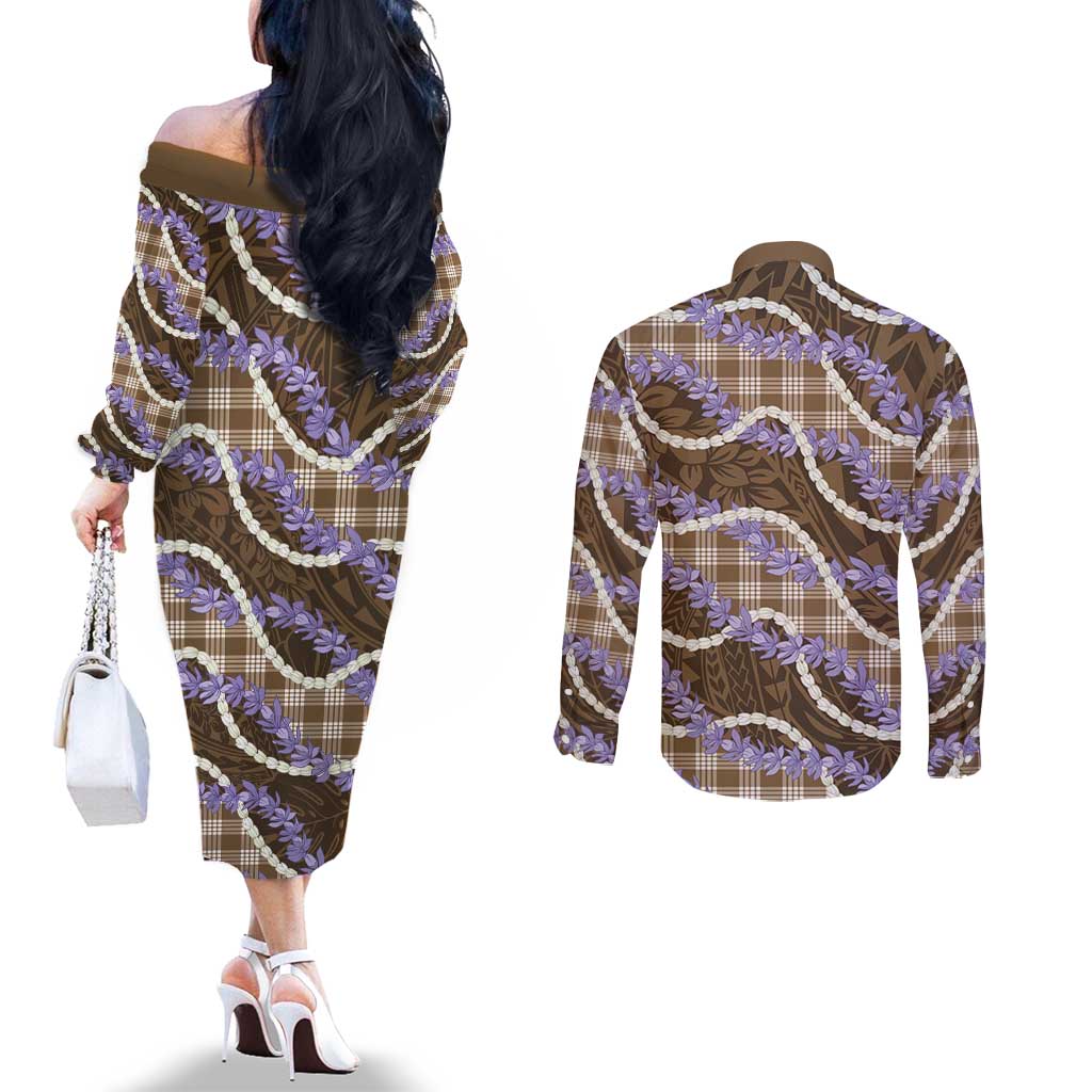 Brown Hawaii Palaka Honohono Pikake Couples Matching Off The Shoulder Long Sleeve Dress and Long Sleeve Button Shirt Hawaiian Orchid Lei Polynesian Pattern - Polynesian Pride