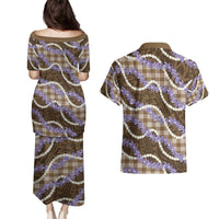 Brown Hawaii Palaka Honohono Pikake Couples Matching Puletasi and Hawaiian Shirt Hawaiian Orchid Lei Polynesian Pattern - Polynesian Pride