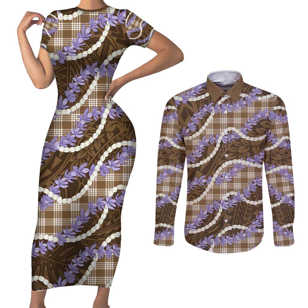 Brown Hawaii Palaka Honohono Pikake Couples Matching Short Sleeve Bodycon Dress and Long Sleeve Button Shirt Hawaiian Orchid Lei Polynesian Pattern - Polynesian Pride