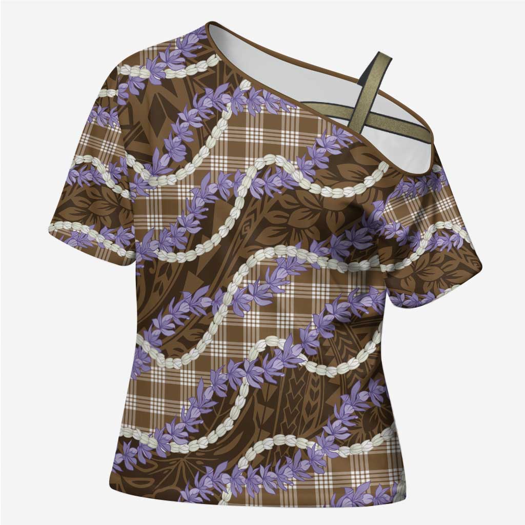 Brown Hawaii Palaka Honohono Pikake Cross Shoulder Shirt Hawaiian Orchid Lei Polynesian Pattern - Polynesian Pride