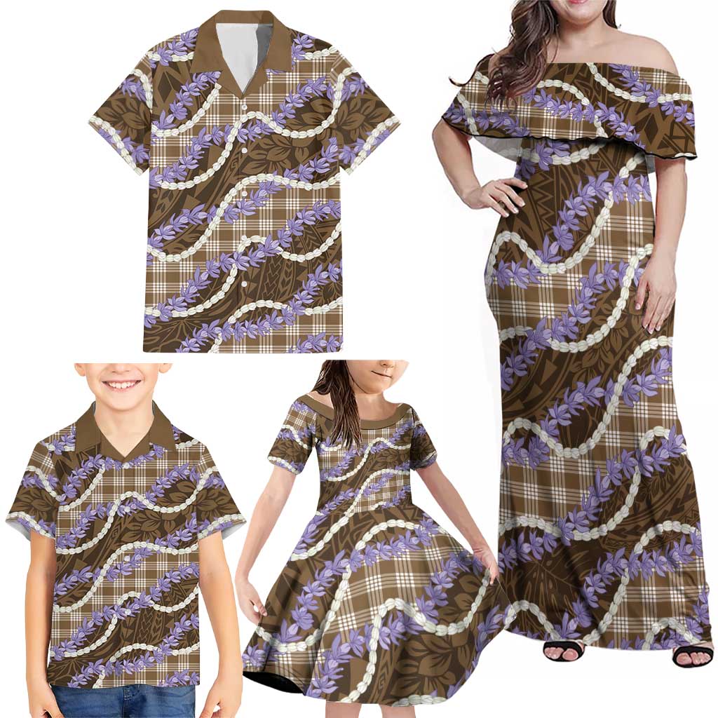 Brown Hawaii Palaka Honohono Pikake Family Matching Off Shoulder Maxi Dress and Hawaiian Shirt Hawaiian Orchid Lei Polynesian Pattern LT14 - Polynesian Pride