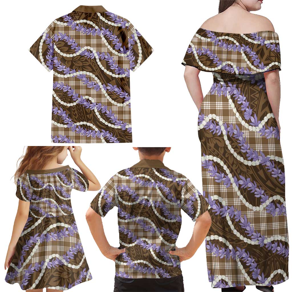 Brown Hawaii Palaka Honohono Pikake Family Matching Off Shoulder Maxi Dress and Hawaiian Shirt Hawaiian Orchid Lei Polynesian Pattern LT14 - Polynesian Pride