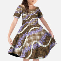 Brown Hawaii Palaka Honohono Pikake Family Matching Off Shoulder Short Dress and Hawaiian Shirt Hawaiian Orchid Lei Polynesian Pattern LT14 Daughter's Dress Brown - Polynesian Pride