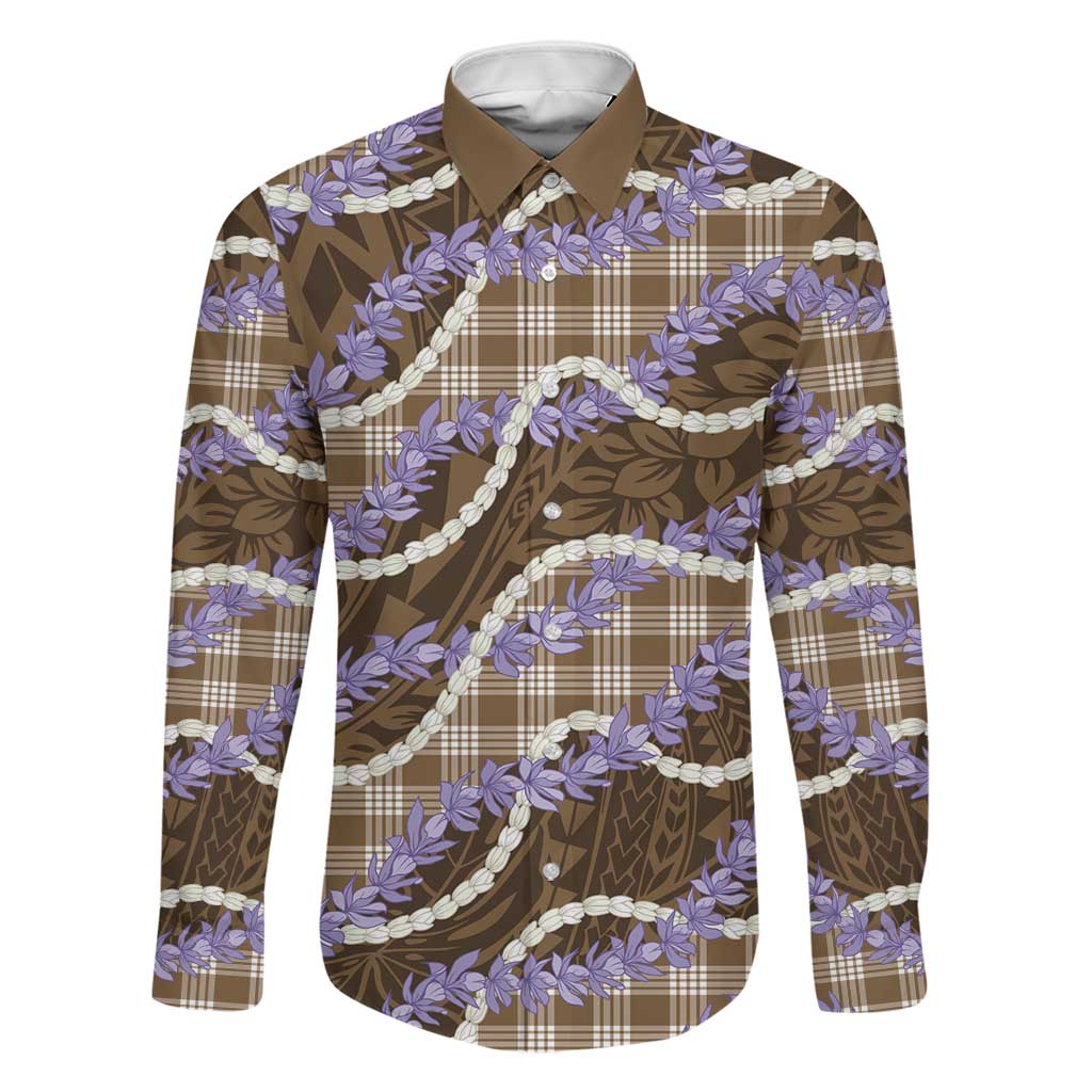 Brown Hawaii Palaka Honohono Pikake Family Matching Summer Maxi Dress and Hawaiian Shirt Hawaiian Orchid Lei Polynesian Pattern LT14 Dad's Shirt - Long Sleeve Brown - Polynesian Pride