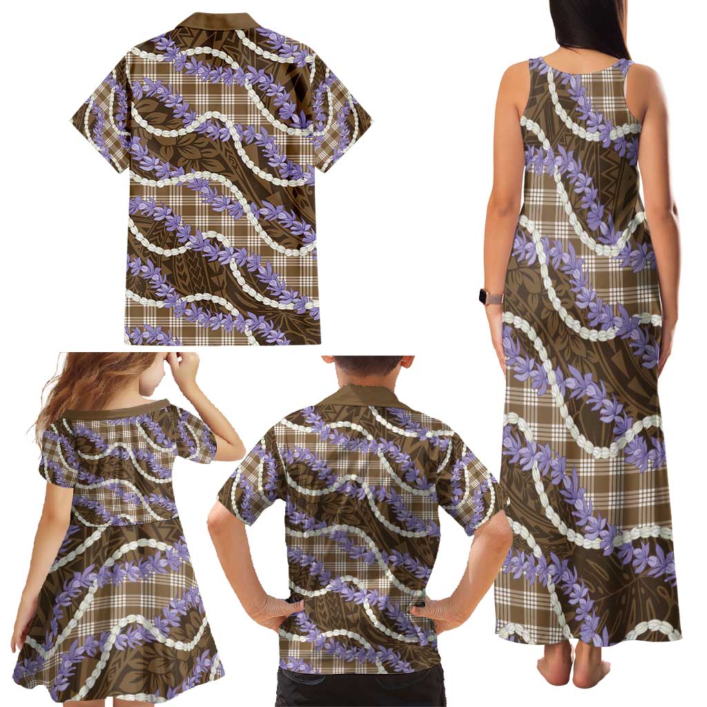 Brown Hawaii Palaka Honohono Pikake Family Matching Tank Maxi Dress and Hawaiian Shirt Hawaiian Orchid Lei Polynesian Pattern - Polynesian Pride
