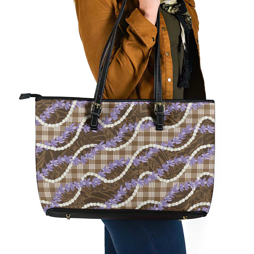 Brown Hawaii Palaka Honohono Pikake Leather Tote Bag Hawaiian Orchid Lei Polynesian Pattern - Polynesian Pride