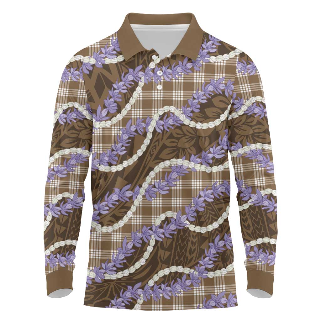 Brown Hawaii Palaka Honohono Pikake Long Sleeve Polo Shirt Hawaiian Orchid Lei Polynesian Pattern - Polynesian Pride