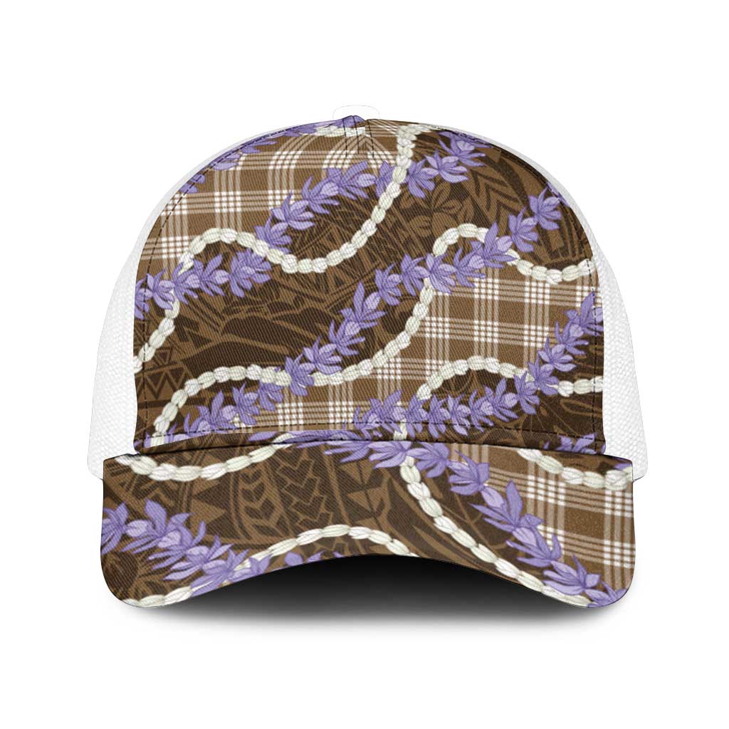 Brown Hawaii Palaka Honohono Pikake Mesh Trucker Cap Hawaiian Orchid Lei Polynesian Pattern - Polynesian Pride