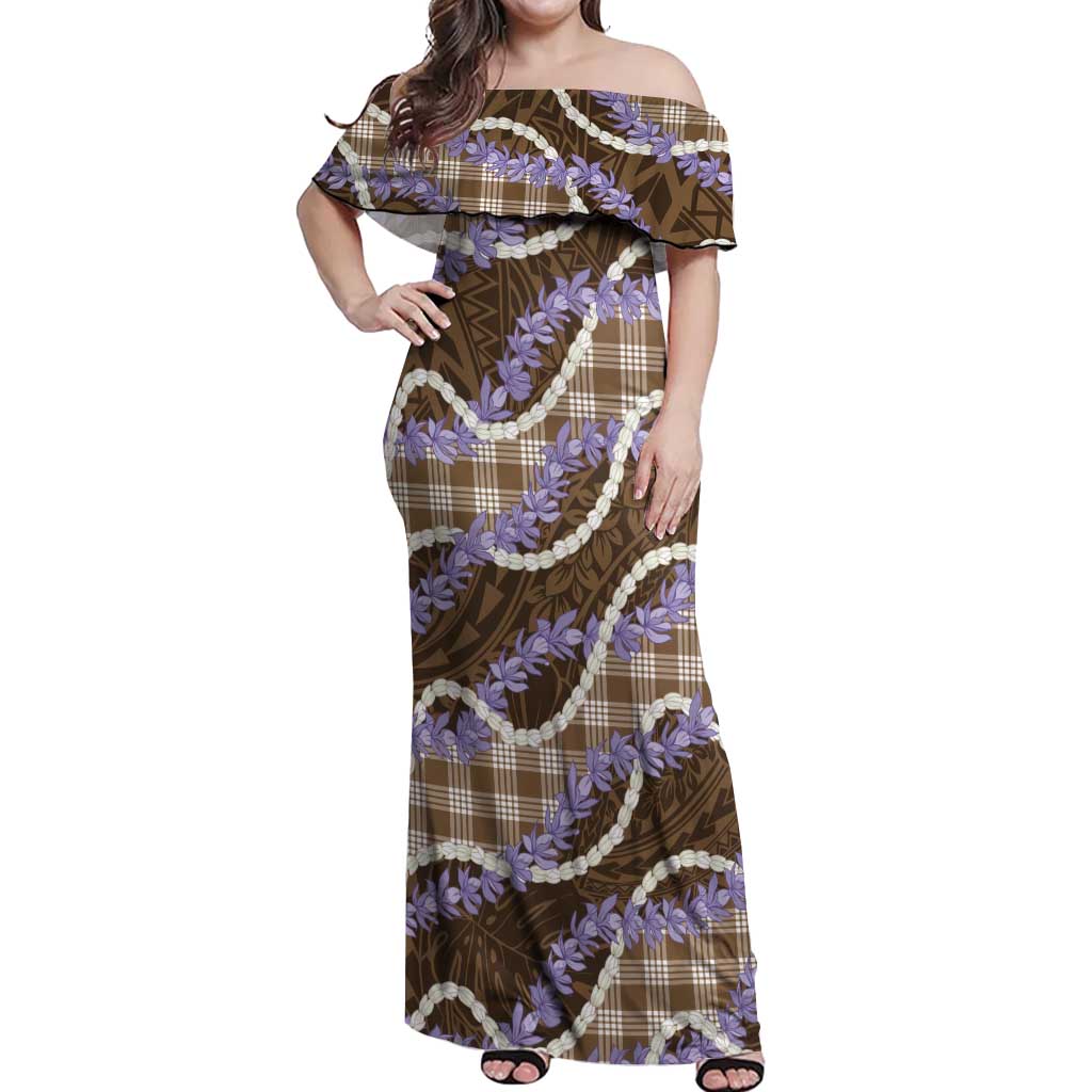 Brown Hawaii Palaka Honohono Pikake Off Shoulder Maxi Dress Hawaiian Orchid Lei Polynesian Pattern - Polynesian Pride