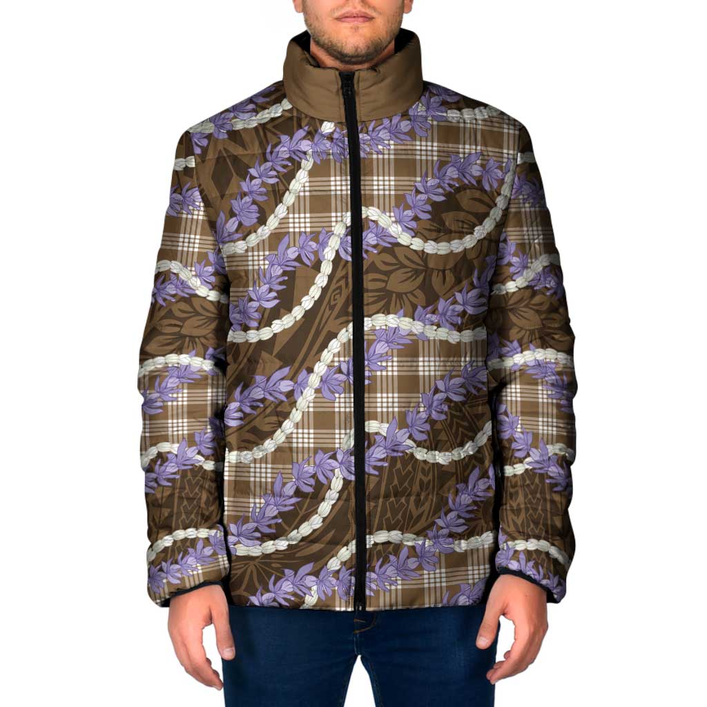 Brown Hawaii Palaka Honohono Pikake Padded Jacket Hawaiian Orchid Lei Polynesian Pattern - Polynesian Pride
