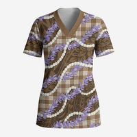 Brown Hawaii Palaka Honohono Pikake Scrub Top Hawaiian Orchid Lei Polynesian Pattern - Polynesian Pride