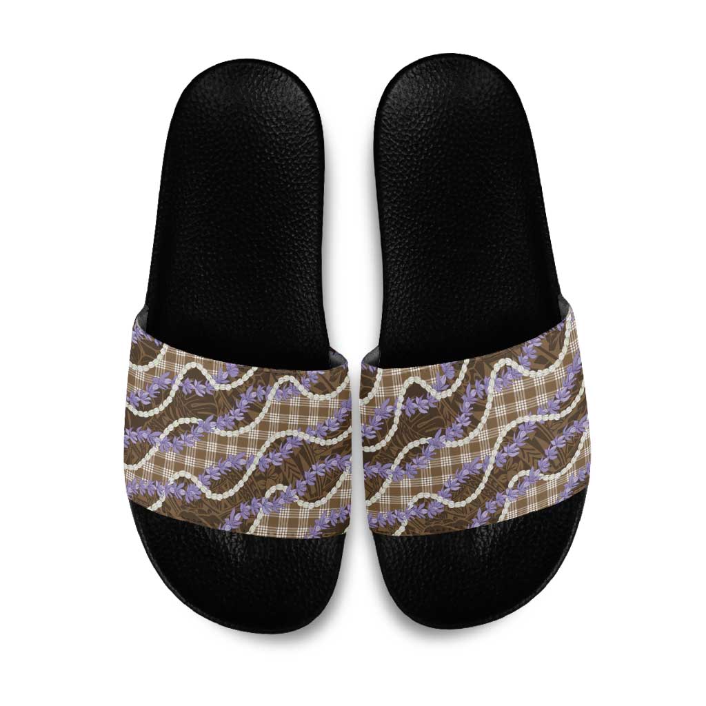 Brown Hawaii Palaka Honohono Pikake Slide Sandals Hawaiian Orchid Lei Polynesian Pattern - Polynesian Pride