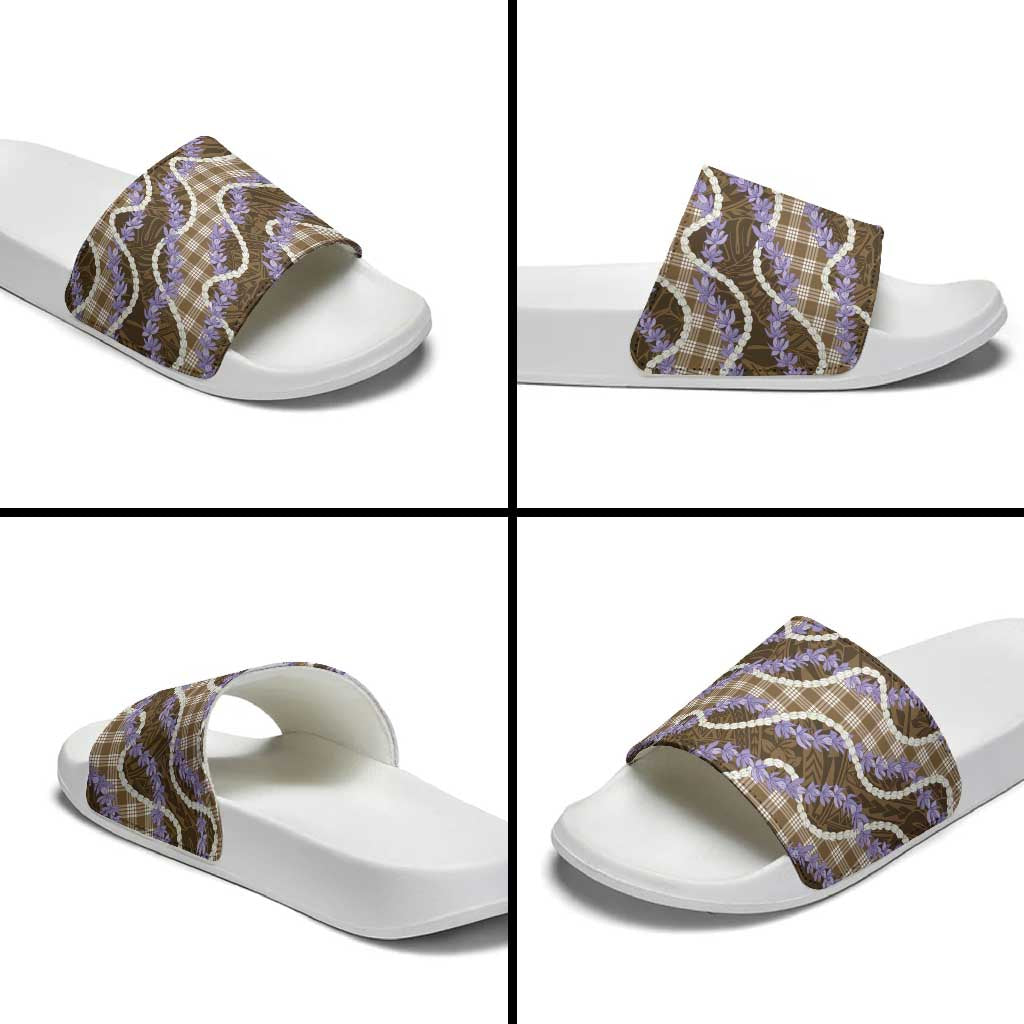 Brown Hawaii Palaka Honohono Pikake Slide Sandals Hawaiian Orchid Lei Polynesian Pattern - Polynesian Pride