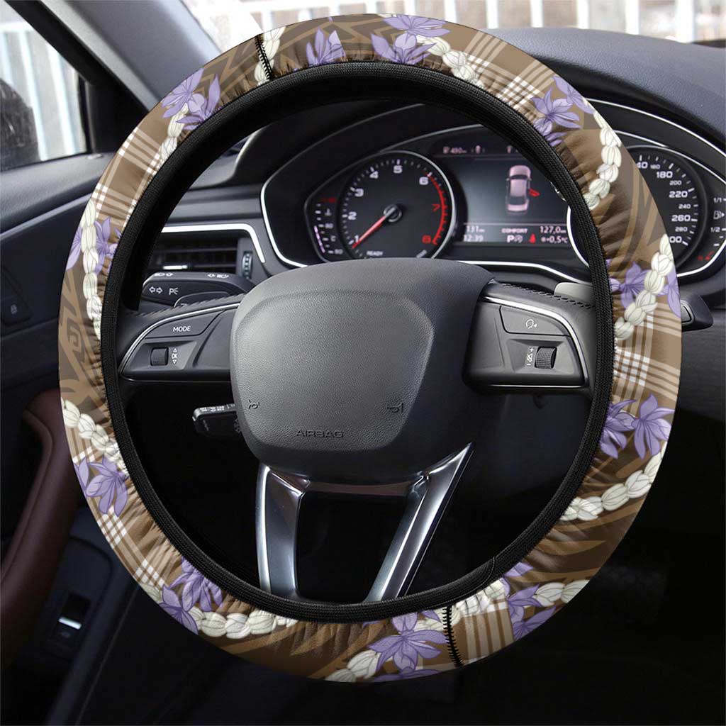 Brown Hawaii Palaka Honohono Pikake Steering Wheel Cover Hawaiian Orchid Lei Polynesian Pattern - Polynesian Pride