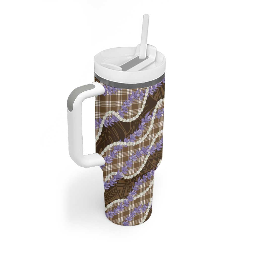 Brown Hawaii Palaka Honohono Pikake Tumbler With Handle Hawaiian Orchid Lei Polynesian Pattern - Polynesian Pride