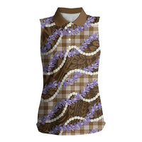 Brown Hawaii Palaka Honohono Pikake Women Sleeveless Polo Shirt Hawaiian Orchid Lei Polynesian Pattern - Polynesian Pride