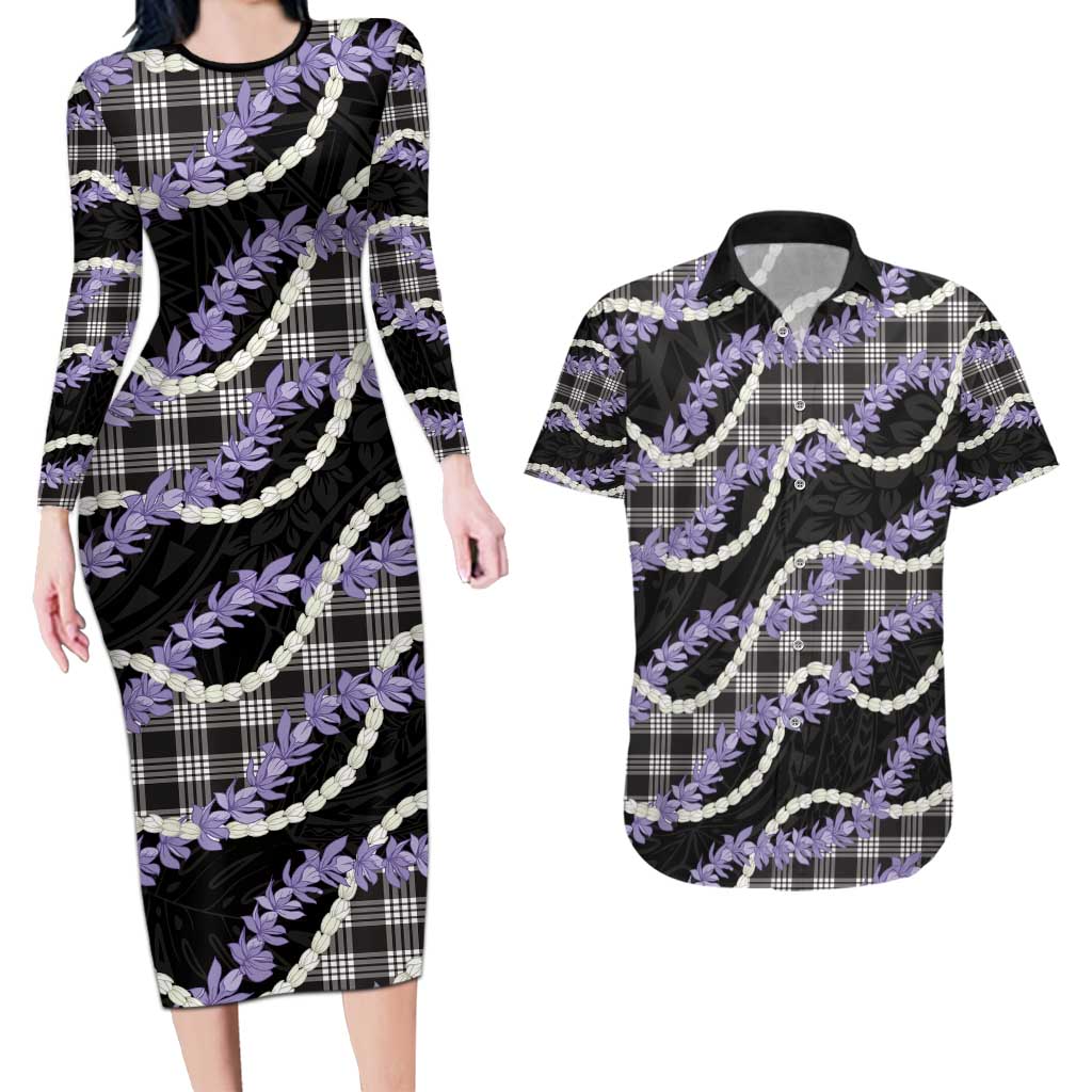 Black Hawaii Palaka Honohono Pikake Couples Matching Long Sleeve Bodycon Dress and Hawaiian Shirt Hawaiian Orchid Lei Polynesian Pattern - Polynesian Pride