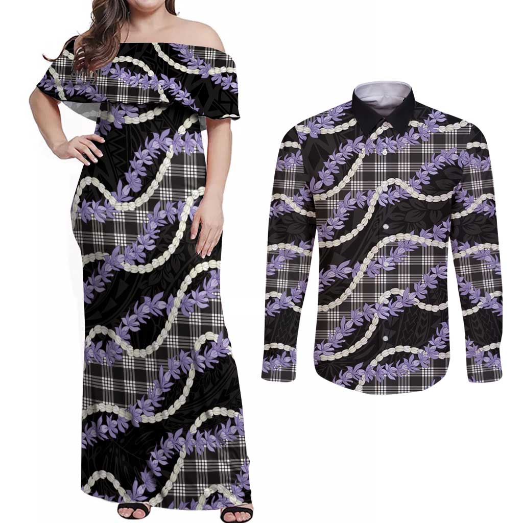 Black Hawaii Palaka Honohono Pikake Couples Matching Off Shoulder Maxi Dress and Long Sleeve Button Shirt Hawaiian Orchid Lei Polynesian Pattern - Polynesian Pride