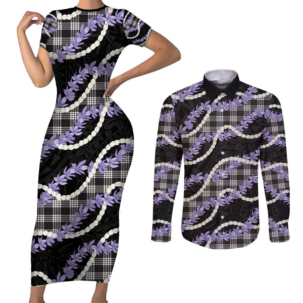 Black Hawaii Palaka Honohono Pikake Couples Matching Short Sleeve Bodycon Dress and Long Sleeve Button Shirt Hawaiian Orchid Lei Polynesian Pattern - Polynesian Pride