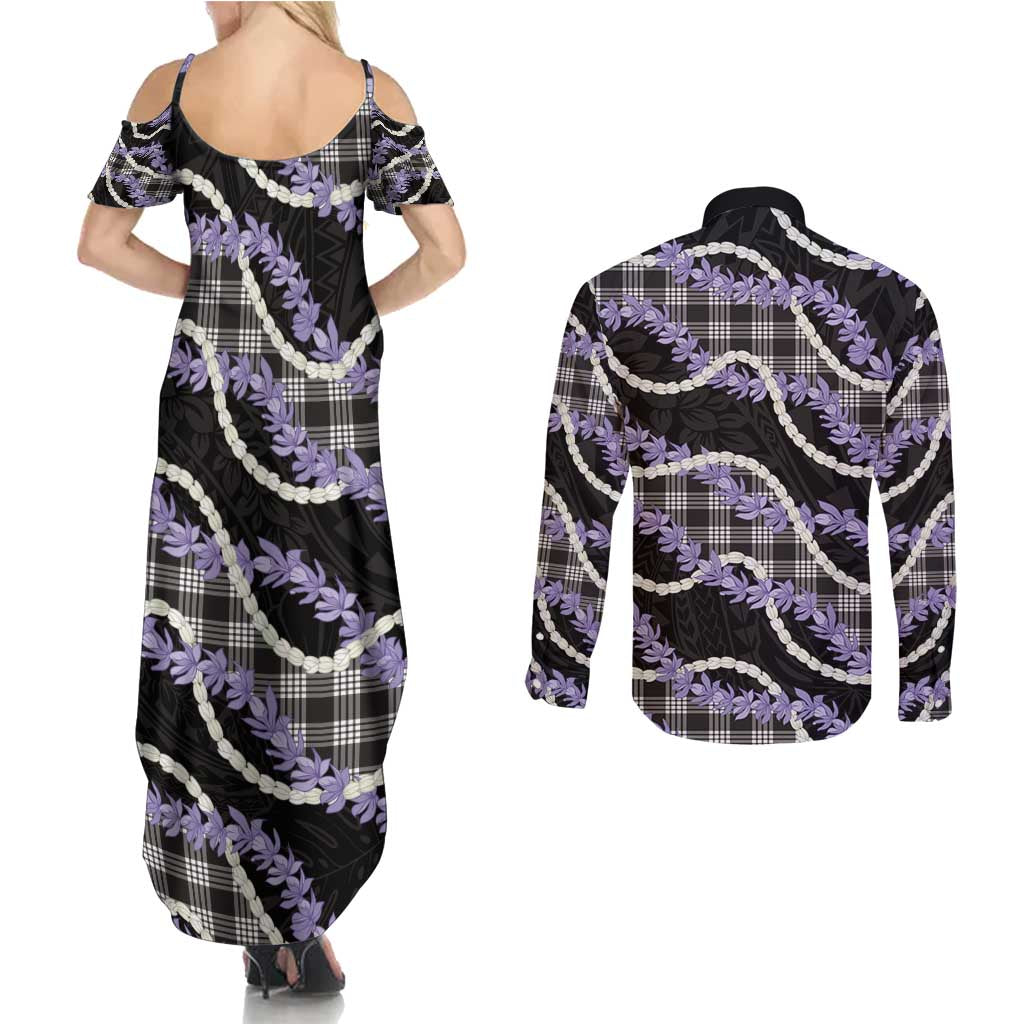 Black Hawaii Palaka Honohono Pikake Couples Matching Summer Maxi Dress and Long Sleeve Button Shirt Hawaiian Orchid Lei Polynesian Pattern - Polynesian Pride