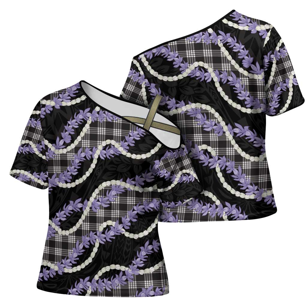 Black Hawaii Palaka Honohono Pikake Cross Shoulder Shirt Hawaiian Orchid Lei Polynesian Pattern - Polynesian Pride