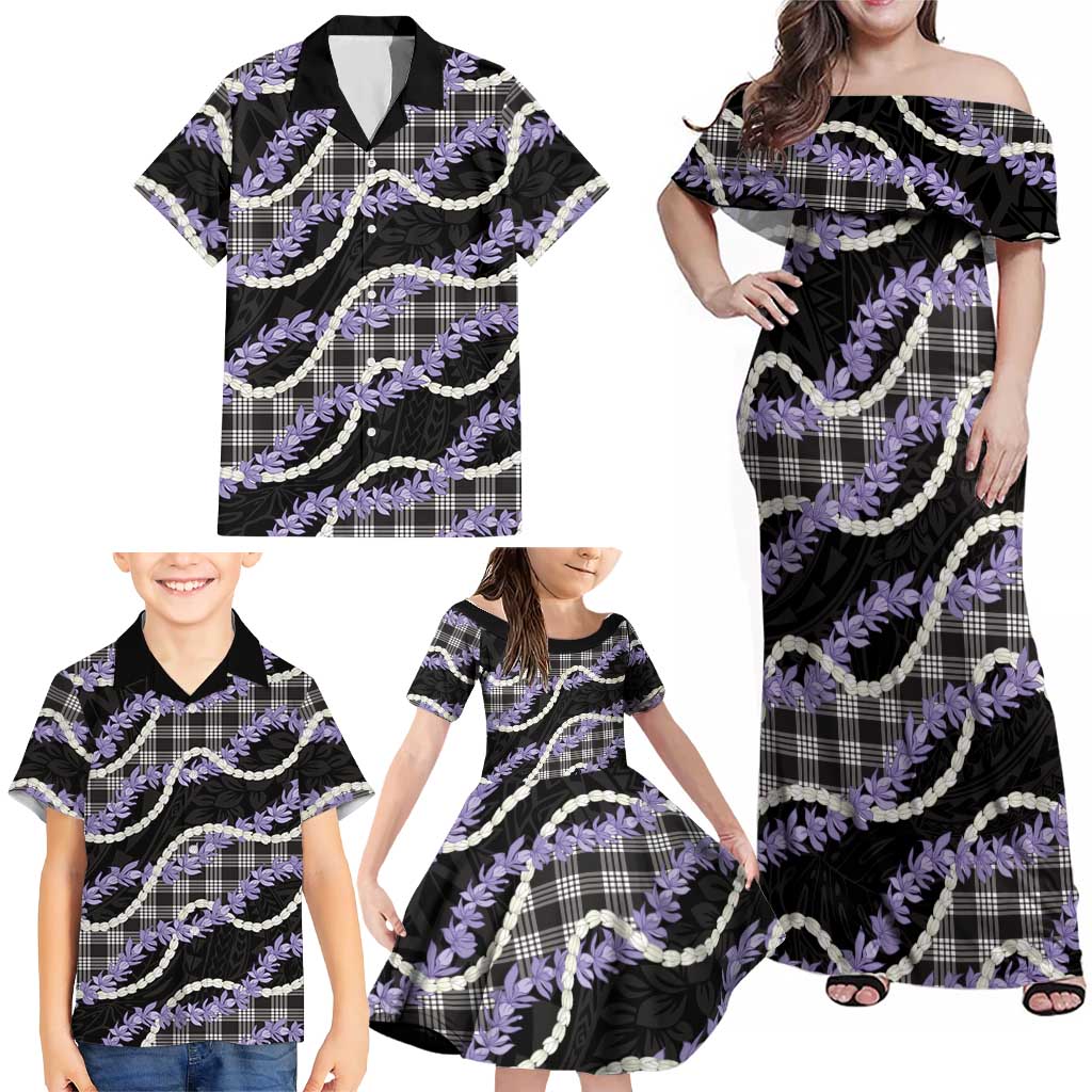 Black Hawaii Palaka Honohono Pikake Family Matching Off Shoulder Maxi Dress and Hawaiian Shirt Hawaiian Orchid Lei Polynesian Pattern LT14 - Polynesian Pride
