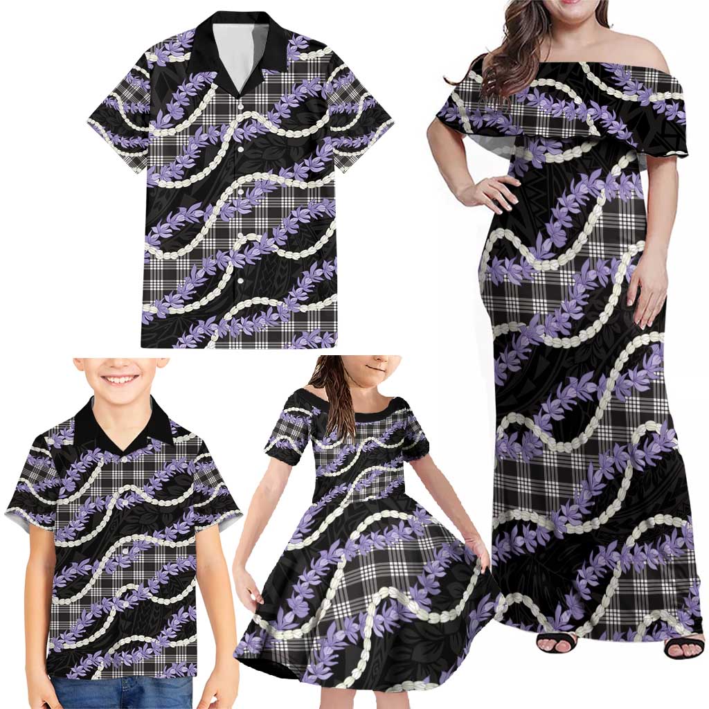 Black Hawaii Palaka Honohono Pikake Family Matching Off Shoulder Maxi Dress and Hawaiian Shirt Hawaiian Orchid Lei Polynesian Pattern - Polynesian Pride