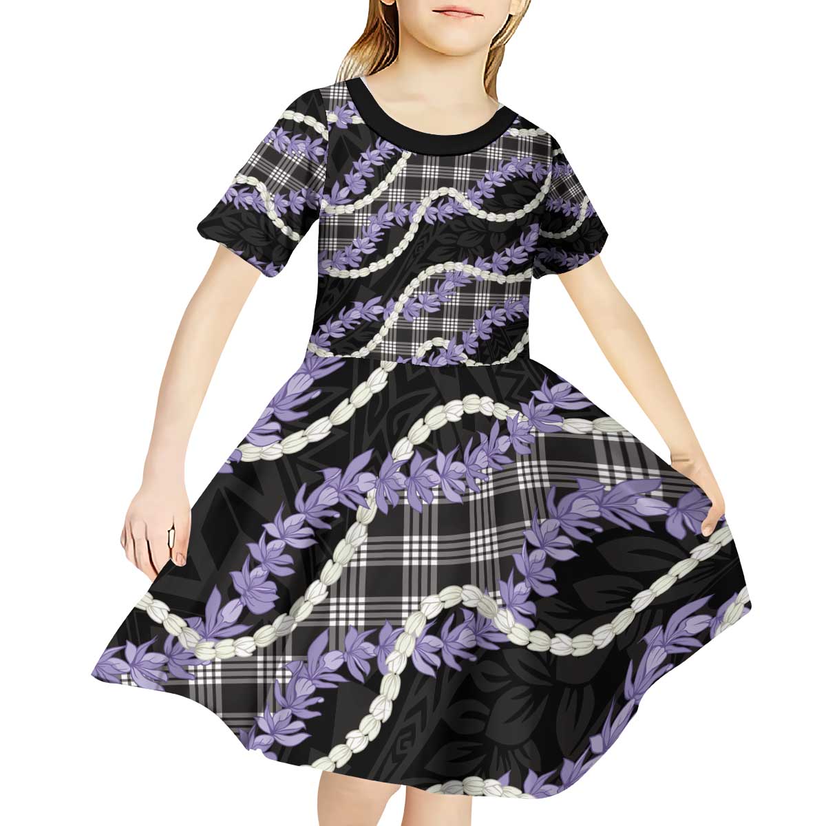 Black Hawaii Palaka Honohono Pikake Kid Short Sleeve Dress Hawaiian Orchid Lei Polynesian Pattern - Polynesian Pride