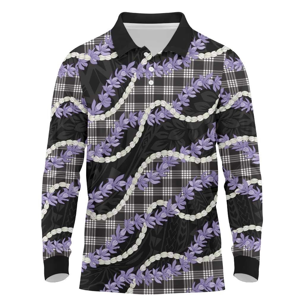 Black Hawaii Palaka Honohono Pikake Long Sleeve Polo Shirt Hawaiian Orchid Lei Polynesian Pattern - Polynesian Pride