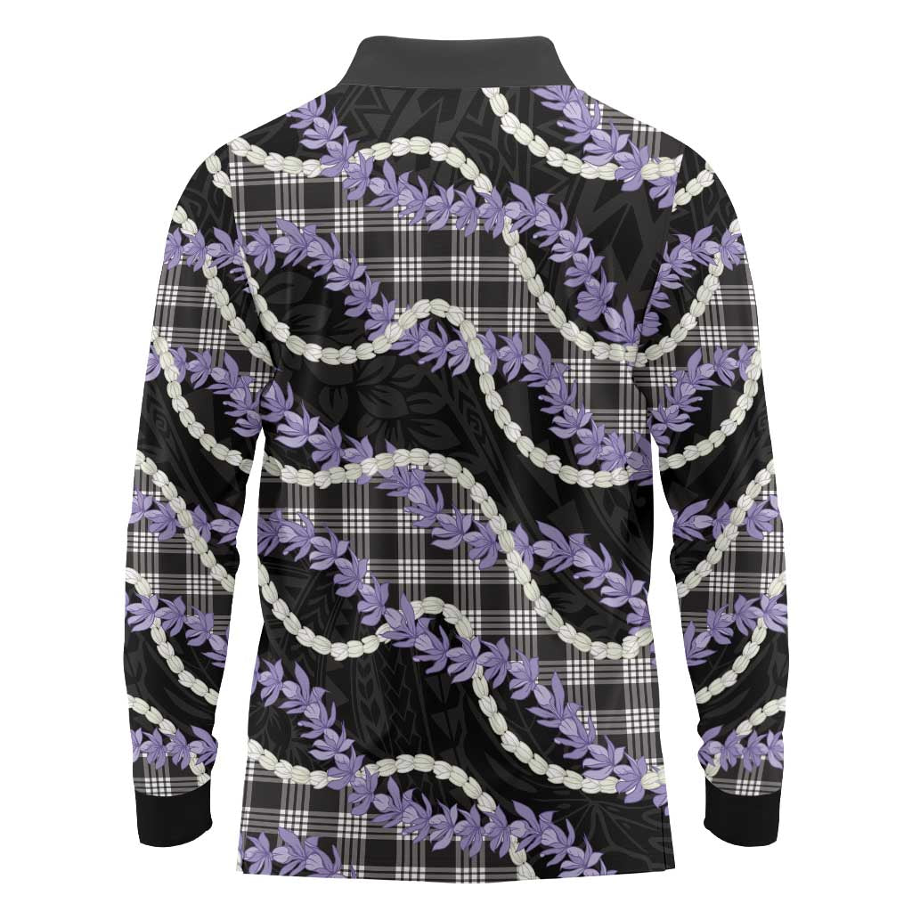 Black Hawaii Palaka Honohono Pikake Long Sleeve Polo Shirt Hawaiian Orchid Lei Polynesian Pattern - Polynesian Pride