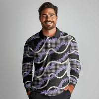 Black Hawaii Palaka Honohono Pikake Long Sleeve Polo Shirt Hawaiian Orchid Lei Polynesian Pattern - Polynesian Pride