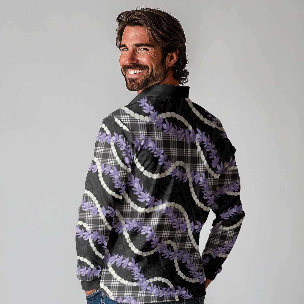 Black Hawaii Palaka Honohono Pikake Long Sleeve Polo Shirt Hawaiian Orchid Lei Polynesian Pattern - Polynesian Pride