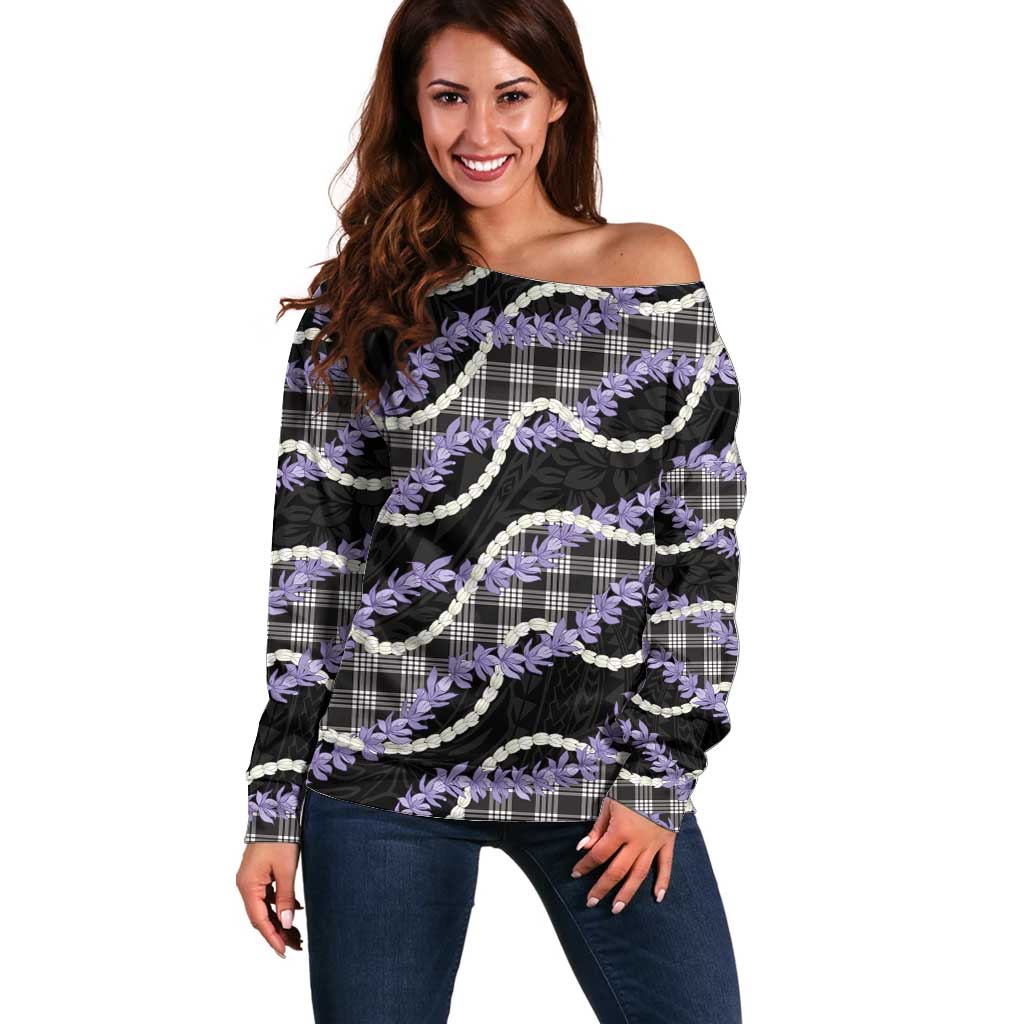 Black Hawaii Palaka Honohono Pikake Off Shoulder Sweater Hawaiian Orchid Lei Polynesian Pattern - Polynesian Pride
